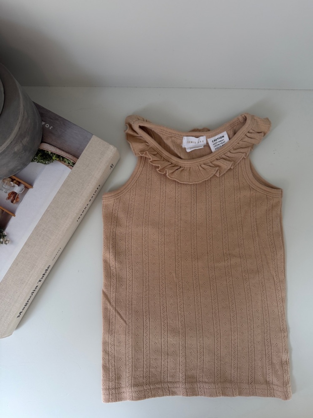 Jamie Kay Beige/Tan Ruffle-Trim Knit Tank Top - Girls Pointelle